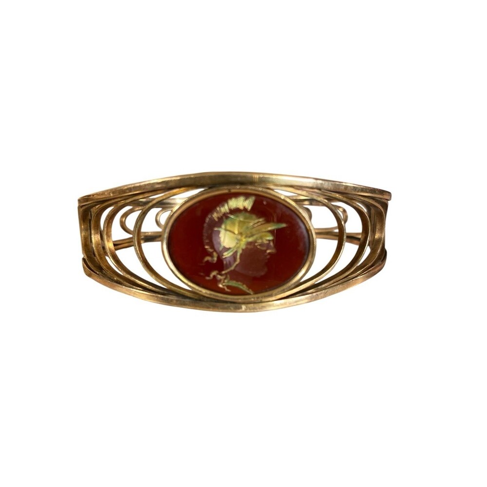 Vintage Intaglio Cameo Bracelet Gold-Tone Red Enamel Open Scrollwork Cuff Hinged